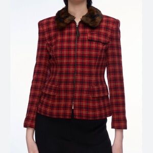 Ralph Lauren size 14 red & black Tartan plaid jacket wool blend faux fur collar